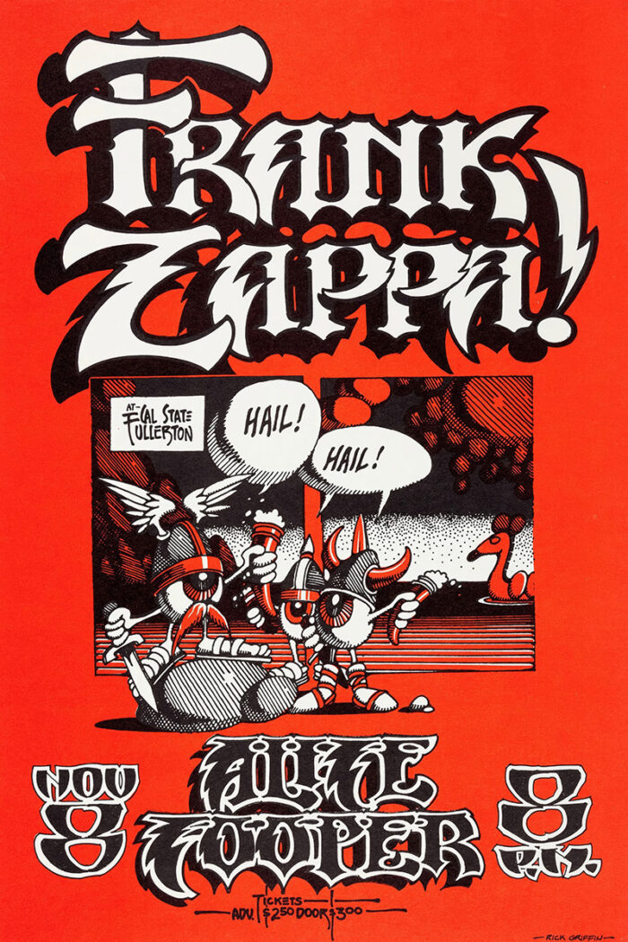 product-image Red concert poster featuring Frank Zappa in bold stylized text, cartoon characters saying Hail!, and event details for November 8 at All State Toleston. Special guest Alice Cooper makes an appearance. Poster prints available in A1 to A4 sizes.