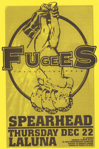 Yellow concert poster for Fugees and Spearhead at LaLuna on Thursday, Dec 22, featuring large bold text and an upside-down illustration of a lion. Poster prints available in A1 to A4 sizes.