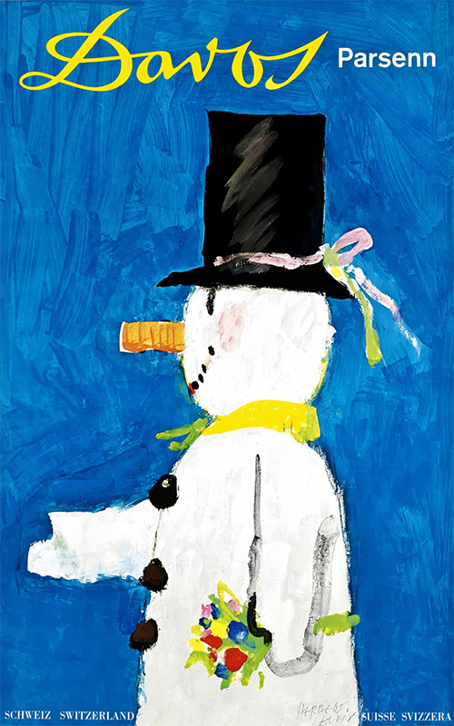 product-image Illustrated poster of a snowman with a top hat, yellow scarf, and carrot nose on a blue background, advertising Davos Parsenn in Switzerland—a charming nod to classic Switzerland Travel by LEUPIN Herbert. Poster print available in A1 to A4 sizes.