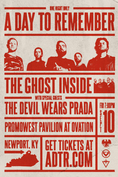A red and white poster for A Day to Remember’s concert with The Ghost Inside on September 10 at PromoWest Pavilion at Ovation, Newport, KY. Poster prints available in A1 to A4 sizes.
