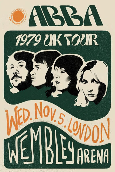 Vintage-style poster for ABBA’s 1979 UK Tour, featuring portraits of the band and event details for their November 5 concert at Wembley Arena in London. Poster prints available in A1 to A4 sizes.