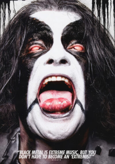 product-image A person with long dark hair and intense face paint, evoking Black Metal legend ABBATH, screams with mouth open wide; a quote about extreme music and black metal is at the bottom. Poster prints available in A1 to A4 sizes.