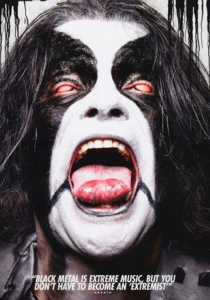 A person with long dark hair and intense face paint, evoking Black Metal legend ABBATH, screams with mouth open wide; a quote about extreme music and black metal is at the bottom. Poster prints available in A1 to A4 sizes.