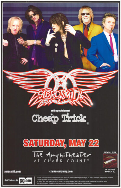 Aerosmith band members pose together above text promoting a concert with special guest Cheap Trick, reminiscent of their 1979 US Tour, on Saturday, May 22 at The Amphitheater at Clark County. Poster prints available in A1 to A4 sizes.