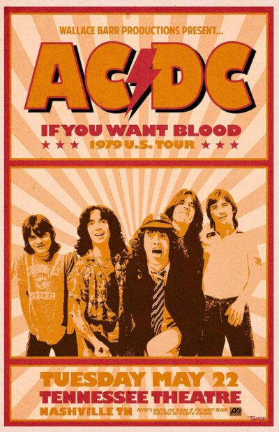 Vintage concert poster for AC/DC’s 1979 US Tour, featuring the band and event details for their May 22 show at Tennessee Theatre, Nashville, TN. Poster prints available in A1 to A4 sizes.