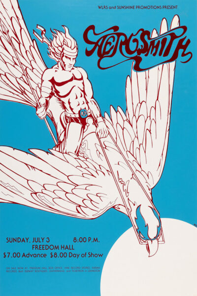 Poster featuring a stylized drawing of a muscular man with wings riding a skateboard, promoting Aerosmith’s concert on Sunday, July 3 at Freedom Hall. Poster prints available in A1 to A4 sizes.
