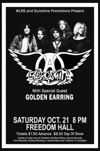 Black and white concert poster featuring Aerosmith with special guest Golden Earring, performing live at Freedom Hall on Saturday, October 21 at 8 PM. Poster prints available in A1 to A4 sizes.