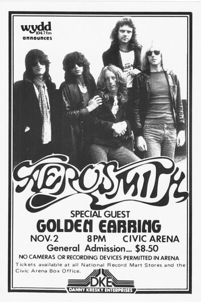 Black and white poster featuring Aerosmith live in concert with special guest Golden Earring on November 2 at 8 PM at Civic Arena; general admission is $8.50. Poster prints available in A1 to A4 sizes.