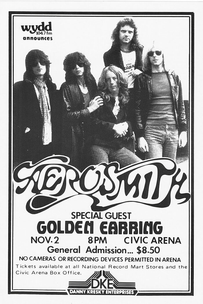product-image Black and white poster featuring Aerosmith live in concert with special guest Golden Earring on November 2 at 8 PM at Civic Arena; general admission is $8.50. Poster prints available in A1 to A4 sizes.