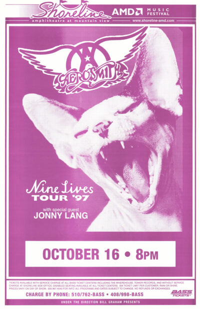 Vibrant purple concert poster for Aerosmith’s Nine Lives Tour ’97 with special guest Jonny Lang, set for October 16 at 8pm at Shoreline Amphitheatre; features a striking roaring cat image. Poster prints available in A1 to A4 sizes.