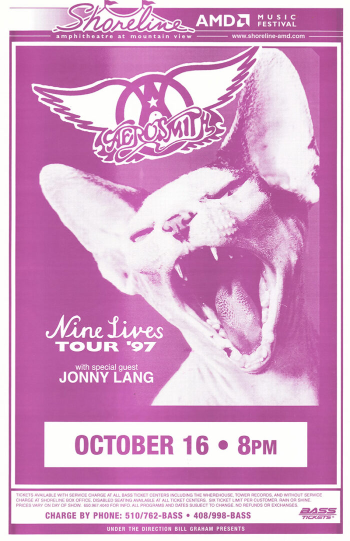 product-image Vibrant purple concert poster for Aerosmith’s Nine Lives Tour ’97 with special guest Jonny Lang, set for October 16 at 8pm at Shoreline Amphitheatre; features a striking roaring cat image. Poster prints available in A1 to A4 sizes.