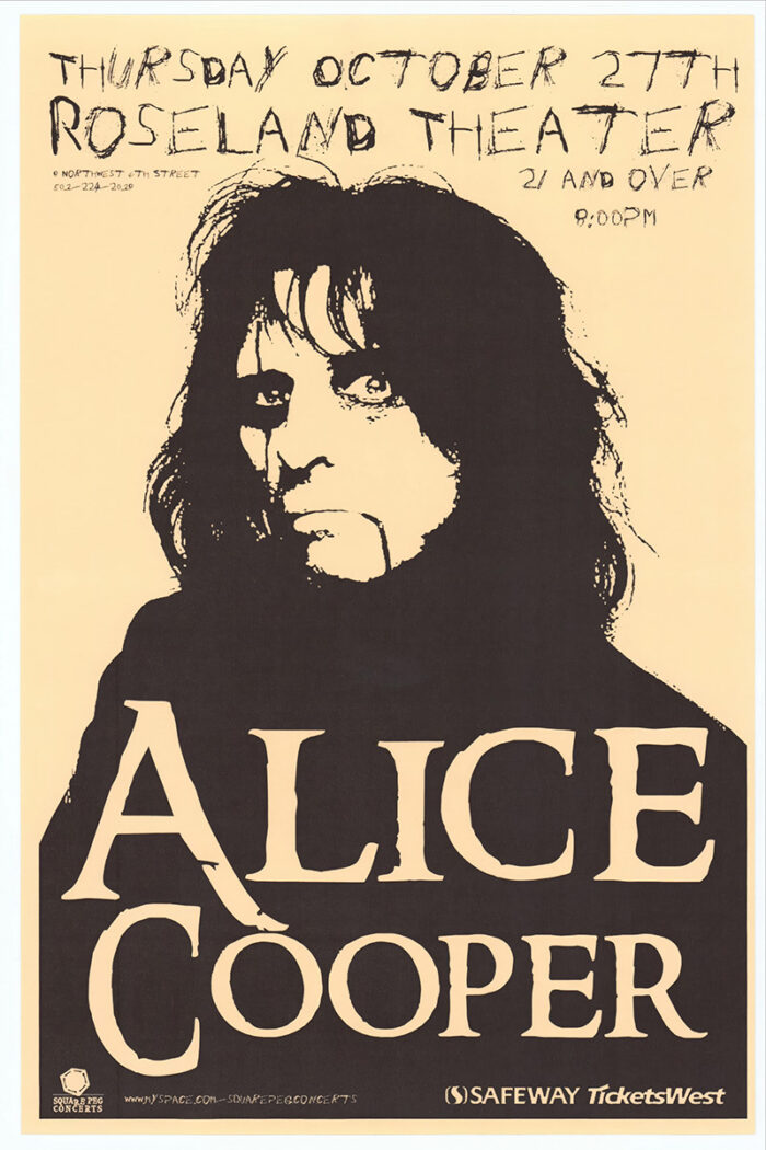 product-image Poster for an Alice Cooper concert at Roseland Theatre on Oct 27th, 9:00 PM for ages 21+. Features a striking black and white image of Alice Cooper. Poster prints available in A1 to A4 sizes.