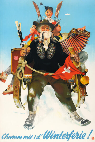 An older man with a white beard holds a Swiss flag and accordion, with smiling children in winter clothes and skis behind him against a blue sky, capturing the charm of a LEUPIN Herbert Travel Poster. Text reads, Chumm mit i dWinterferie!. Poster print available in A1 to A4 sizes.