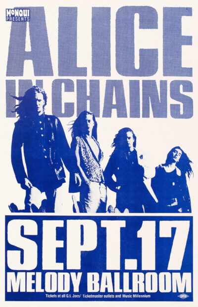 Blue and white concert poster for Alice in Chains at Melody Ballroom on Sept 17, featuring a band photo and event details. Poster prints available in A1 to A4 sizes.