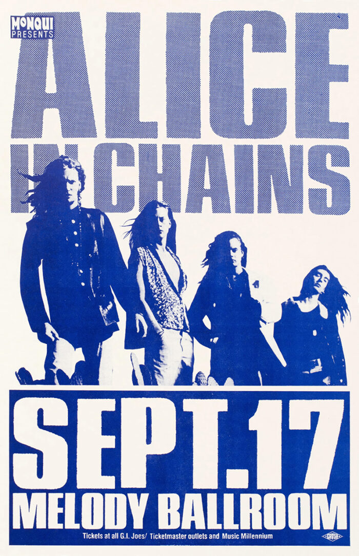 product-image Blue and white concert poster for Alice in Chains at Melody Ballroom on Sept 17, featuring a band photo and event details. Poster prints available in A1 to A4 sizes.