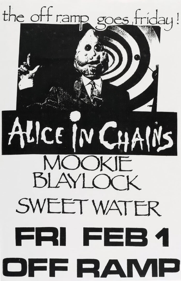 product-image Black and white concert poster for Alice in Chains, Mookie Blaylock, and Sweet Water at Off Ramp on Friday, February 1. Features a man in a suit with a rabbit mask. Don’t miss this unforgettable night at Off Ramp!. Poster prints available in A1 to A4 sizes.