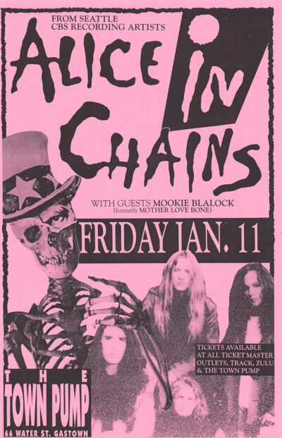 A pink and black concert poster for Alice in Chains with guests Mookie Blalock, set for Jan 11 at The Town Pump, 66 Water St, Gastown. Poster prints available in A1 to A4 sizes.