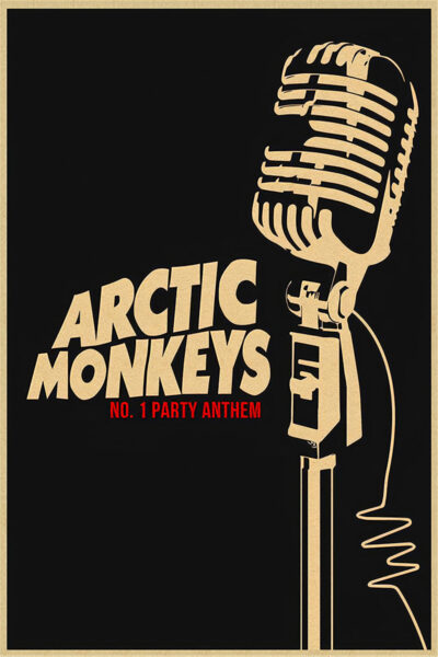 Poster featuring a vintage microphone and bold text reading Arctic Monkeys with Party Anthem in striking red underneath, all set against a sleek black background. Poster prints available in A1 to A4 sizes.