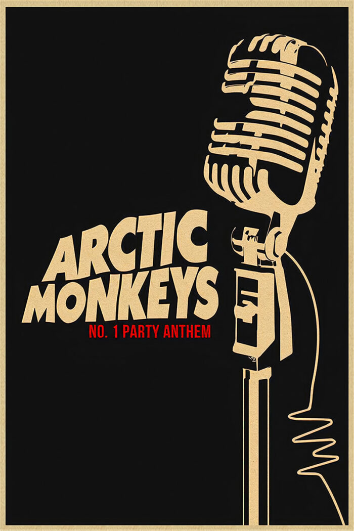 product-image Poster featuring a vintage microphone and bold text reading Arctic Monkeys with Party Anthem in striking red underneath, all set against a sleek black background. Poster prints available in A1 to A4 sizes.