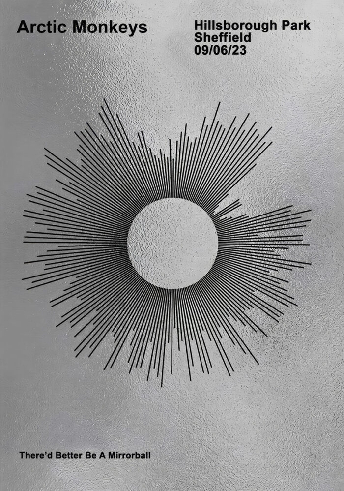 product-image Poster for Arctic Monkeys Hillsborough Park Sheffield concert on 09/06/23, featuring a black abstract sunburst on textured grey. Text at the bottom reads There’d Better Be A Mirrorball. Poster prints available in A1 to A4 sizes.
