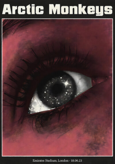 A close-up illustration of a human eye with stars reflected in the pupil. Text above reads Arctic Monkeys, and below, Emirates Stadium, London—capturing the magic of their iconic 18.06.23 performance. Poster prints available in A1 to A4 sizes.