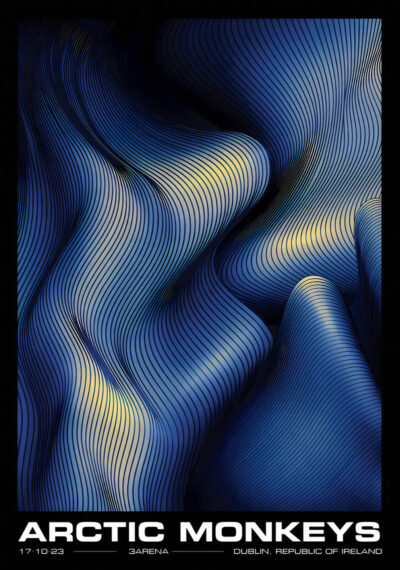 Abstract blue and yellow wavy lines form a dynamic pattern. Text at the bottom reads: “Arctic Monkeys, 17 Oct 2023, 3Arena Dublin, Republic of Ireland.”. Poster prints available in A1 to A4 sizes.