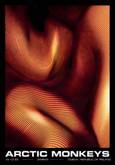 Abstract poster with curved, dark lines over warm orange and yellow gradients, promoting the Arctic Monkeys 2023 concert at 3Arena Dublin, Republic of Ireland on October 15. Poster prints available in A1 to A4 sizes.