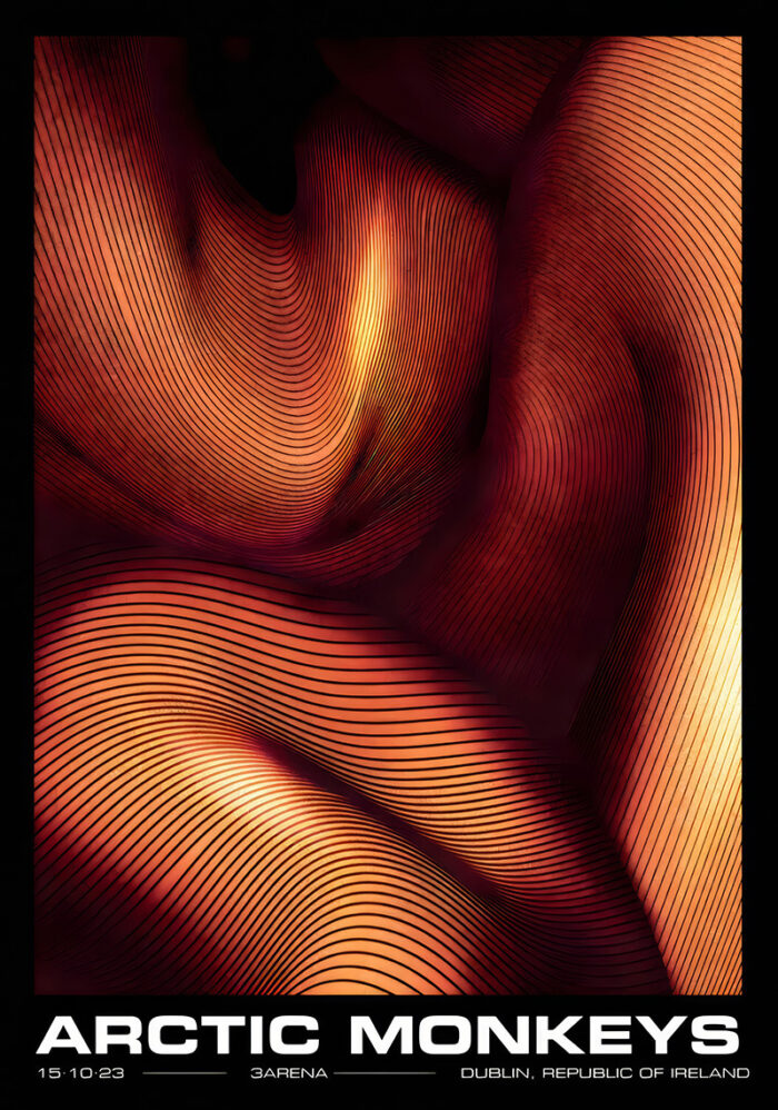 product-image Abstract poster with curved, dark lines over warm orange and yellow gradients, promoting the Arctic Monkeys 2023 concert at 3Arena Dublin, Republic of Ireland on October 15. Poster prints available in A1 to A4 sizes.