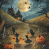 Four black cats in witch costumes walk down a spooky path lined with jack-o-lanterns, heading toward a haunted house under a full moon and flying bats—just like a scene from a vintage poster of Halloween. A1 to A4 poster print.