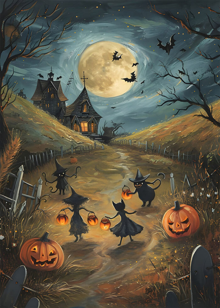 halloween - 260 Four black cats in witch costumes walk down a spooky path lined with jack-o-lanterns, heading toward a haunted house under a full moon and flying bats—just like a scene from a vintage poster of Halloween. A1 to A4 poster print.
