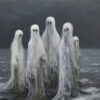 Five ghostly figures in white, flowing shrouds stand on a dark, misty, watery landscape under a cloudy night sky, evoking the eerie charm of a vintage poster perfect for Halloween. A1 to A4 poster print.