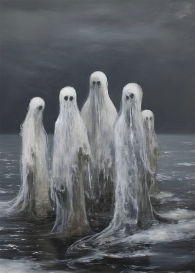 Five ghostly figures in white, flowing shrouds stand on a dark, misty, watery landscape under a cloudy night sky, evoking the eerie charm of a vintage poster perfect for Halloween. A1 to A4 poster print.