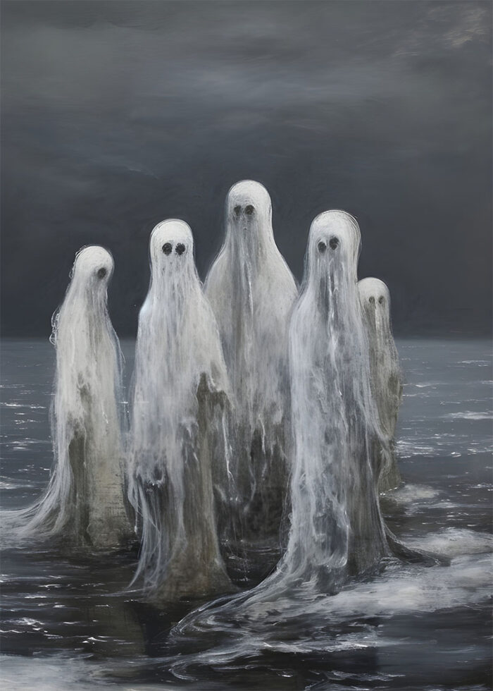 halloween - 260 Five ghostly figures in white, flowing shrouds stand on a dark, misty, watery landscape under a cloudy night sky, evoking the eerie charm of a vintage poster perfect for Halloween. A1 to A4 poster print.