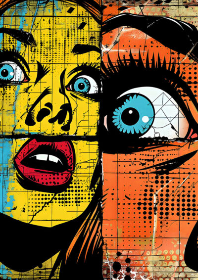 A split-screen Pop Art Poster illustration of two faces with wide eyes and open mouths, featuring bold colours, comic-style dots, and expressive features—perfect for capturing the essence of a Startled Woman. A1 to A4 poster print.
