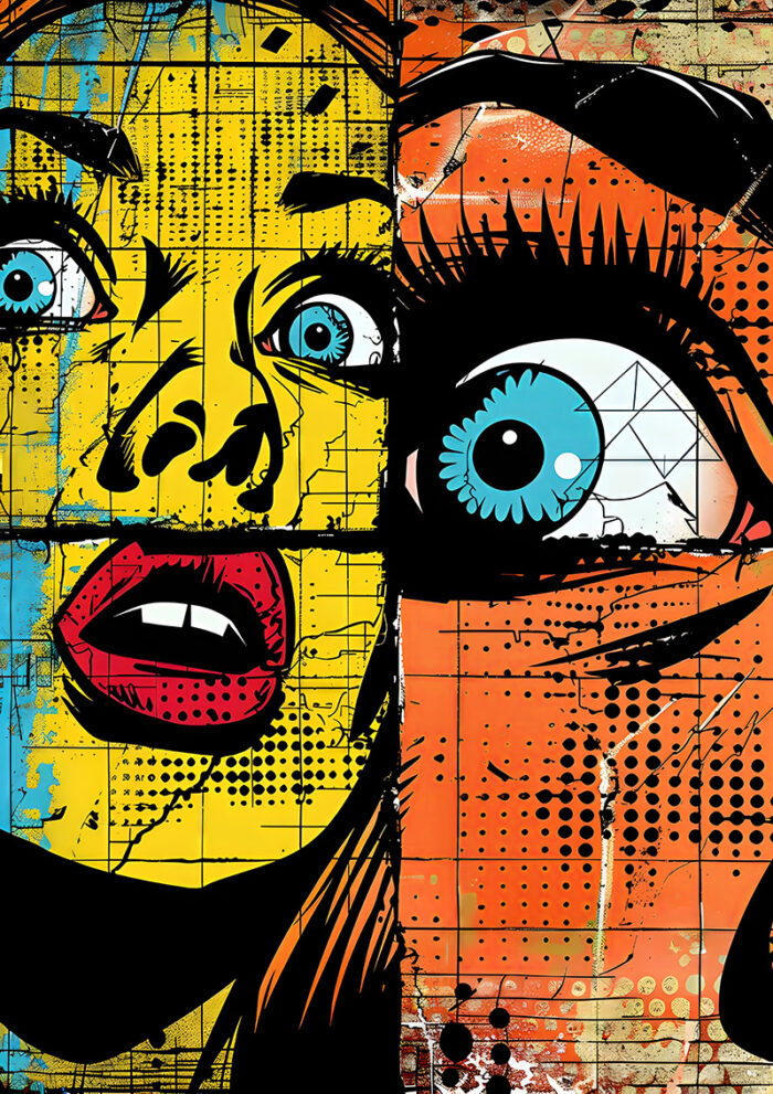 product-image A split-screen Pop Art Poster illustration of two faces with wide eyes and open mouths, featuring bold colours, comic-style dots, and expressive features—perfect for capturing the essence of a Startled Woman. A1 to A4 poster print.