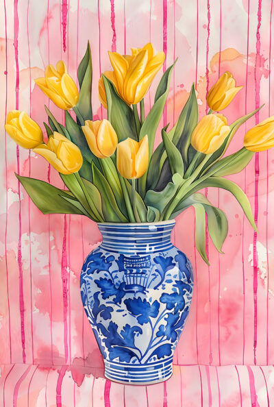 A blue and white ceramic vase holds yellow tulips with green leaves, set against a pink striped, watercolour-style background—an eye-catching Art Poster perfect for maximalist art lovers. A1 to A4 print sizes.