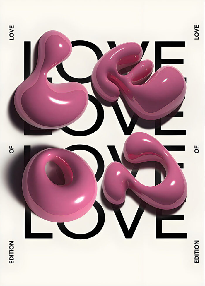 Glossy pink abstract shapes are arranged over repeated black LOVE text on a white background, with the words LOVE and EDITION in the corners, creating a striking Modern Art Poster. A1 to A4 print sizes.
