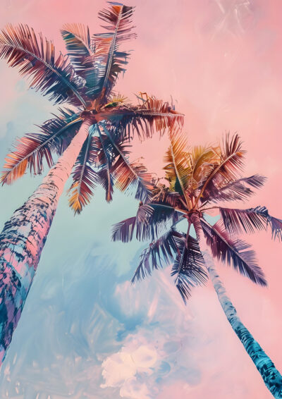Two tall palm trees with long, slender trunks and spreading fronds rise against a pastel-colored sky of pink and blue hues—perfect for a striking maximalist modern art poster. A1 to A4 print sizes.