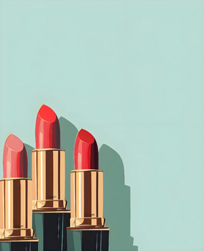 Three tubes of red lipsticks with golden and black casings stand upright against a light blue background, casting shadows to the right—perfect for a Graphic Art Poster with a bold, maximalist vibe. A1 to A4 print sizes.