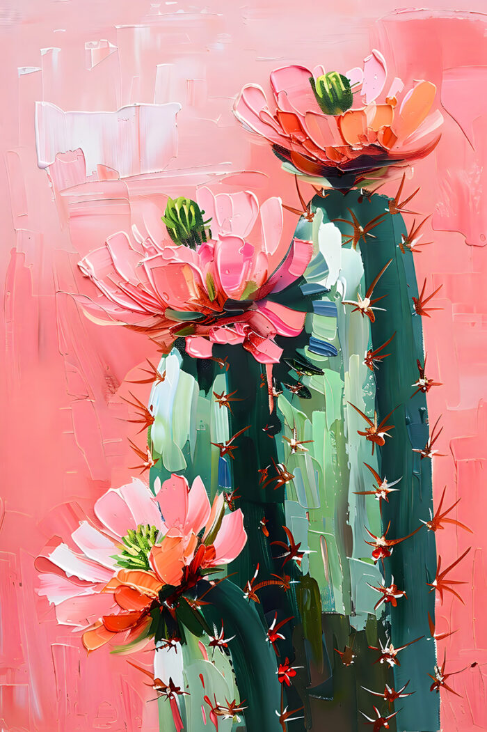 An abstract painting of tall green flowering cactus with large pink and orange flowers against a textured pink background, perfect as a bold maximalist art poster. A1 to A4 print sizes.