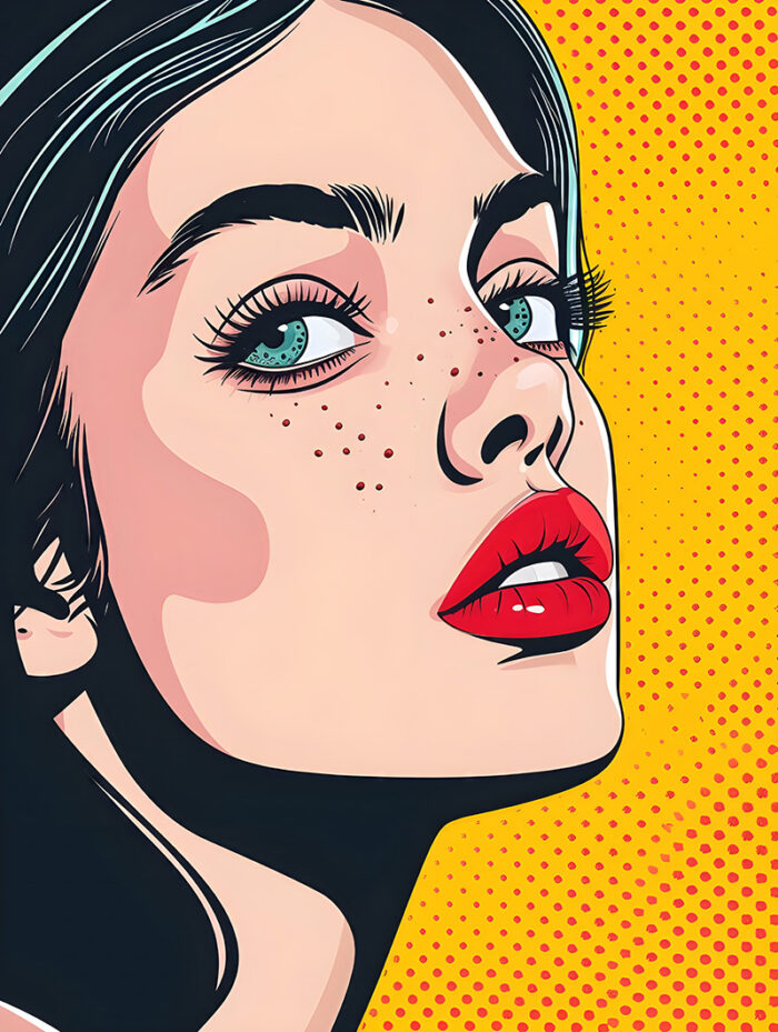 product-image Pop Art Poster illustration of a woman with light skin, green eyes, red lips, and freckles looking upward—capturing That Look against a yellow background with red dots. A1 to A4 print sizes.