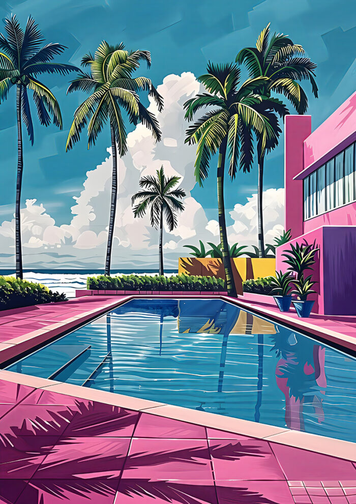 A modern pink building with a poolside view, palm trees, and the ocean under a bright blue sky with clouds—a scene straight from a retro art poster. A1 to A4 print sizes.