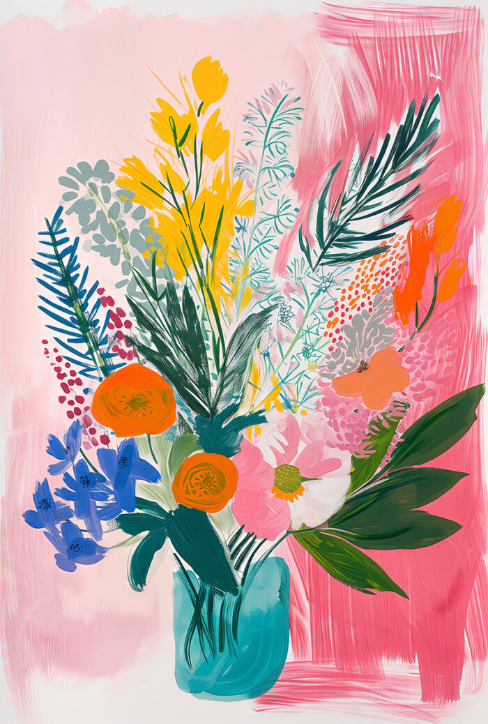 product-image A colourful painted bouquet of various flowers and green leaves in a blue vase, set against a pink textured background, creates a striking maximalist art poster perfect for vibrant decor. A1 to A4 print sizes.