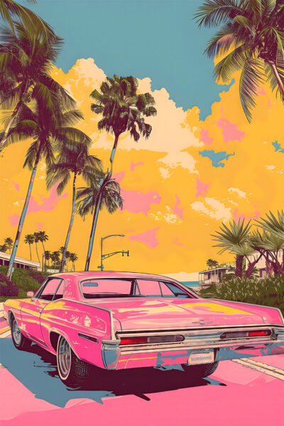 A pink Cadillac is parked on a palm-lined street under a partly cloudy sky with yellow, orange, and pink hues—a scene straight from a vivid retro art poster. The licence plate reads SUNSHINE. A1 to A4 print sizes.