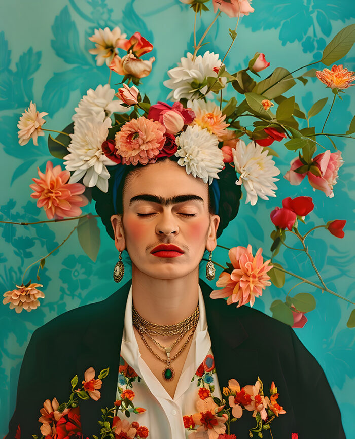 product-image A person with closed eyes wears floral jewelry, a black jacket, and an elaborate headpiece of colourful flowers against a teal-patterned background, evoking the vibrant style of Frida Kahlo Art. A1 to A4 poster print.