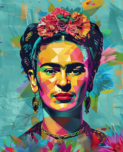 A colourful, geometric-style Pop Art digital portrait of a woman with flowers in her hair, wearing earrings and a necklace, set against a turquoise, textured background with abstract floral elements—perfect as a vibrant poster. A1 to A4 poster print.