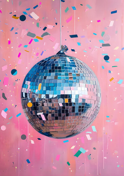 A mirrored disco ball hangs against a pink background with scattered colourful confetti, creating the perfect Confetti Art poster. A1 to A4 poster print.