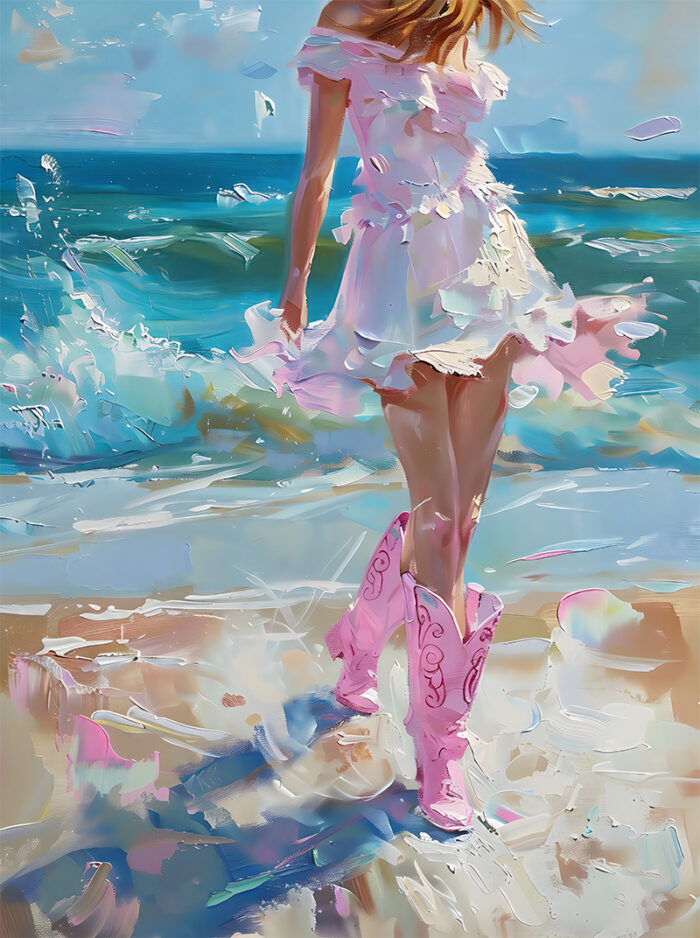 product-image A woman in a light pink dress and pink cowboy boots stands on a sandy beach near the ocean, waves rolling in behind her—perfect for a stylish Beach Cowgirl Poster. A1 to A4 poster print.