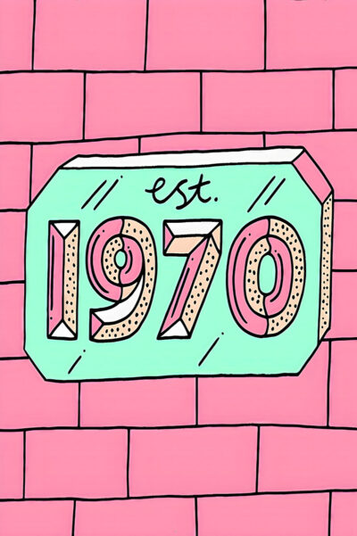 Art Poster featuring a bold Est. 1970 in stylized letters on a mint green background, set against a pink brick wall for a vibrant, retro look. A1 to A4 print sizes.