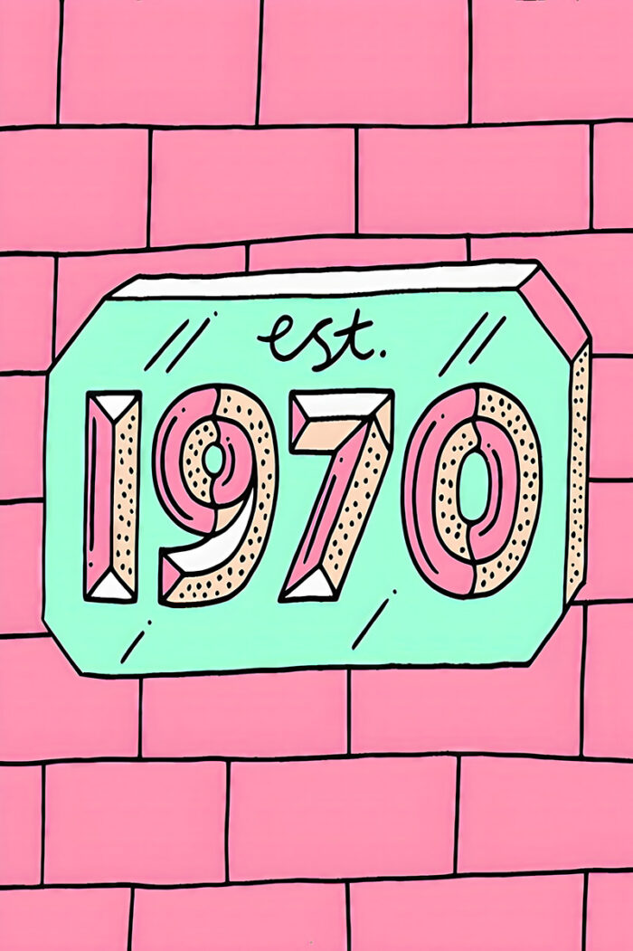 product-image Art Poster featuring a bold Est. 1970 in stylized letters on a mint green background, set against a pink brick wall for a vibrant, retro look. A1 to A4 print sizes.